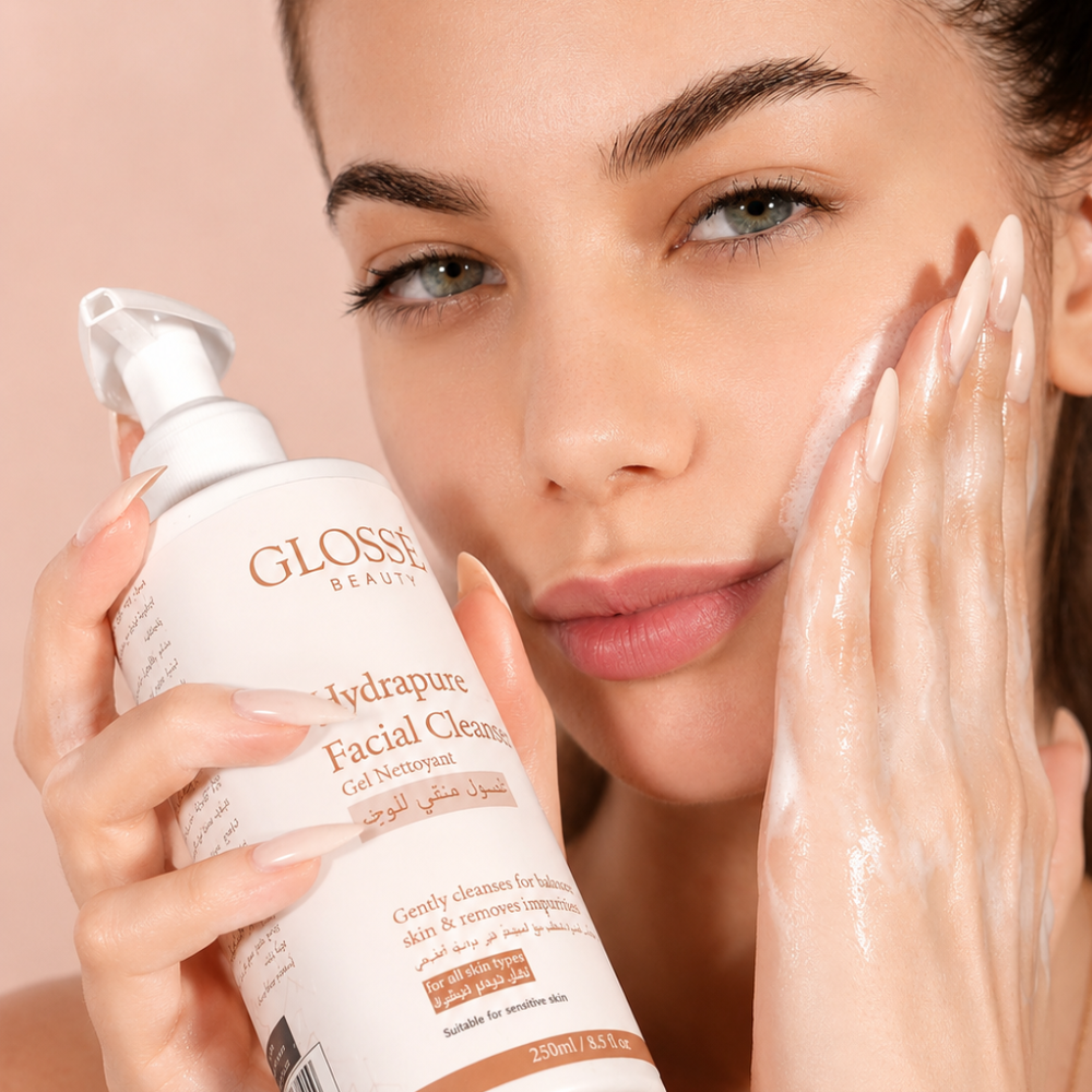 Glosséa Beauty Hydrapure Facial Cleanser Gel in a clear tube, showing the gentle gel formula for face cleansing.