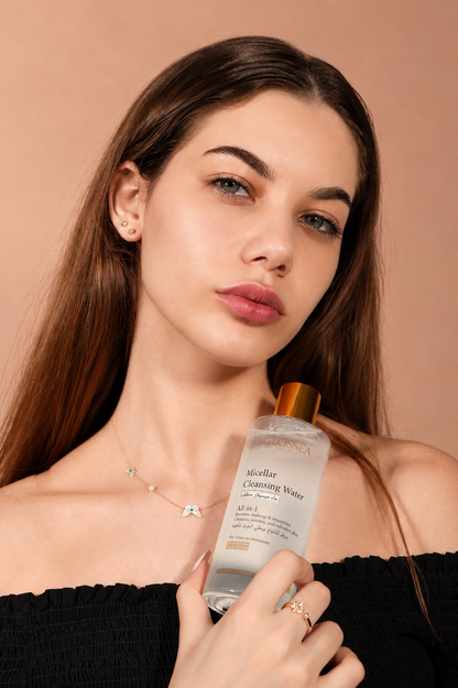 Glosséa Beauty micellar cleansing water for face in a clear bottle with a blue cap, suitable for gentle skin cleansing.