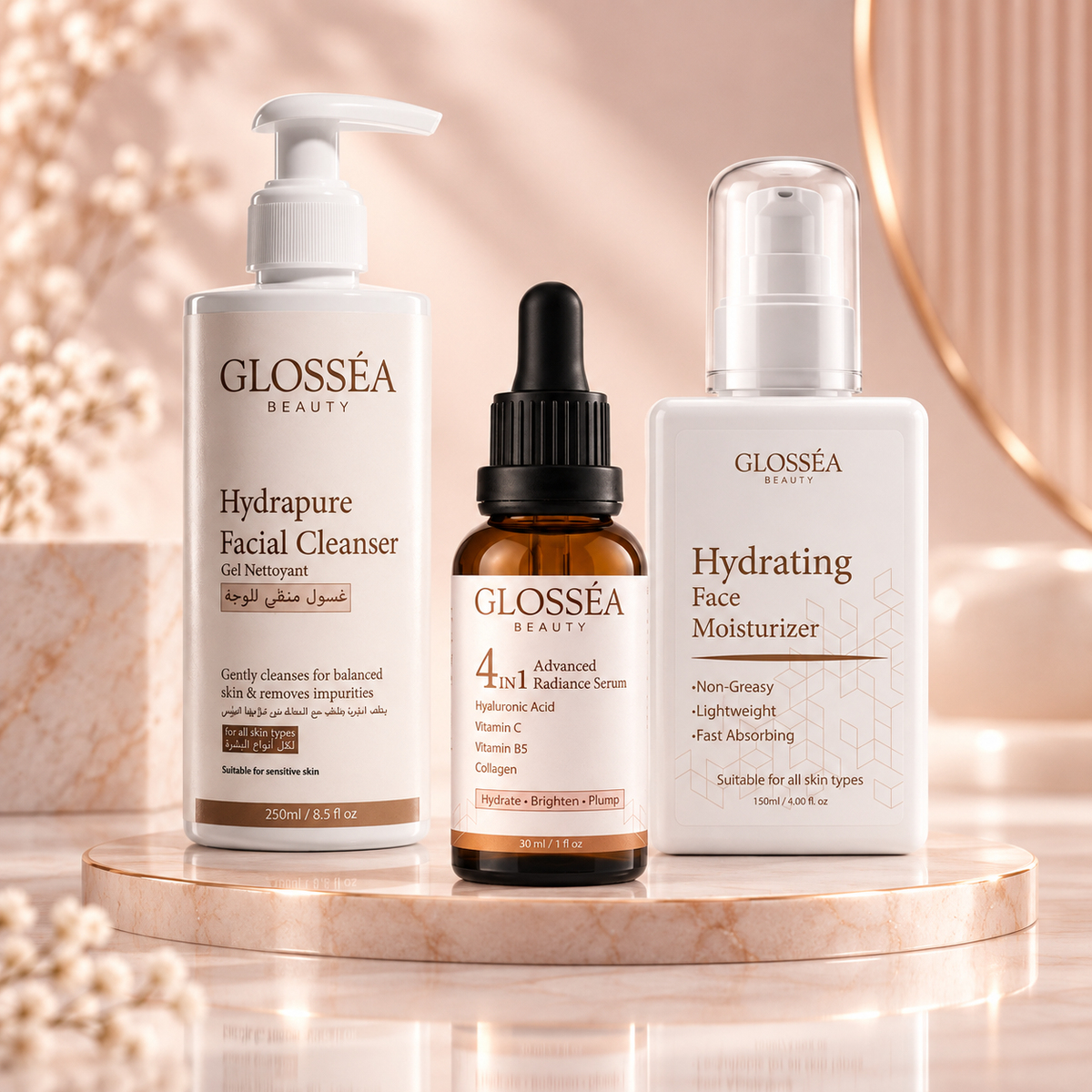 Glosséa Beauty Daily Glow Routine facial products displayed in a skincare set for a radiant complexion.