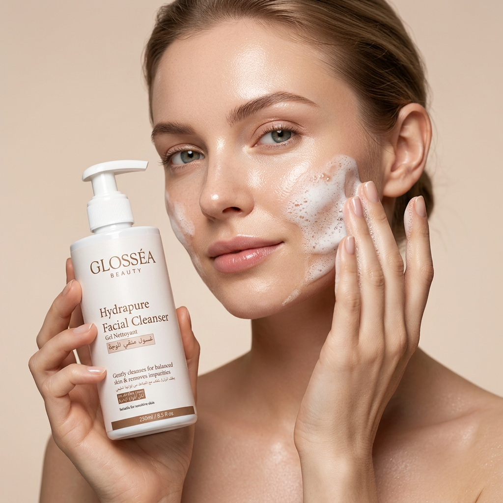 Woman applying Glossea Beauty Hydrapure Facial Cleanser foam on face – luxury beauty editorial ad