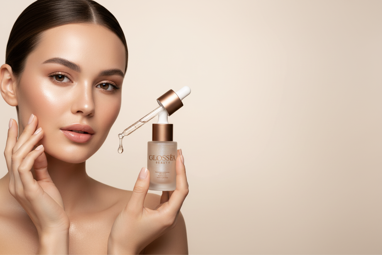 Glosséa Beauty hero banner with branded serum bottle