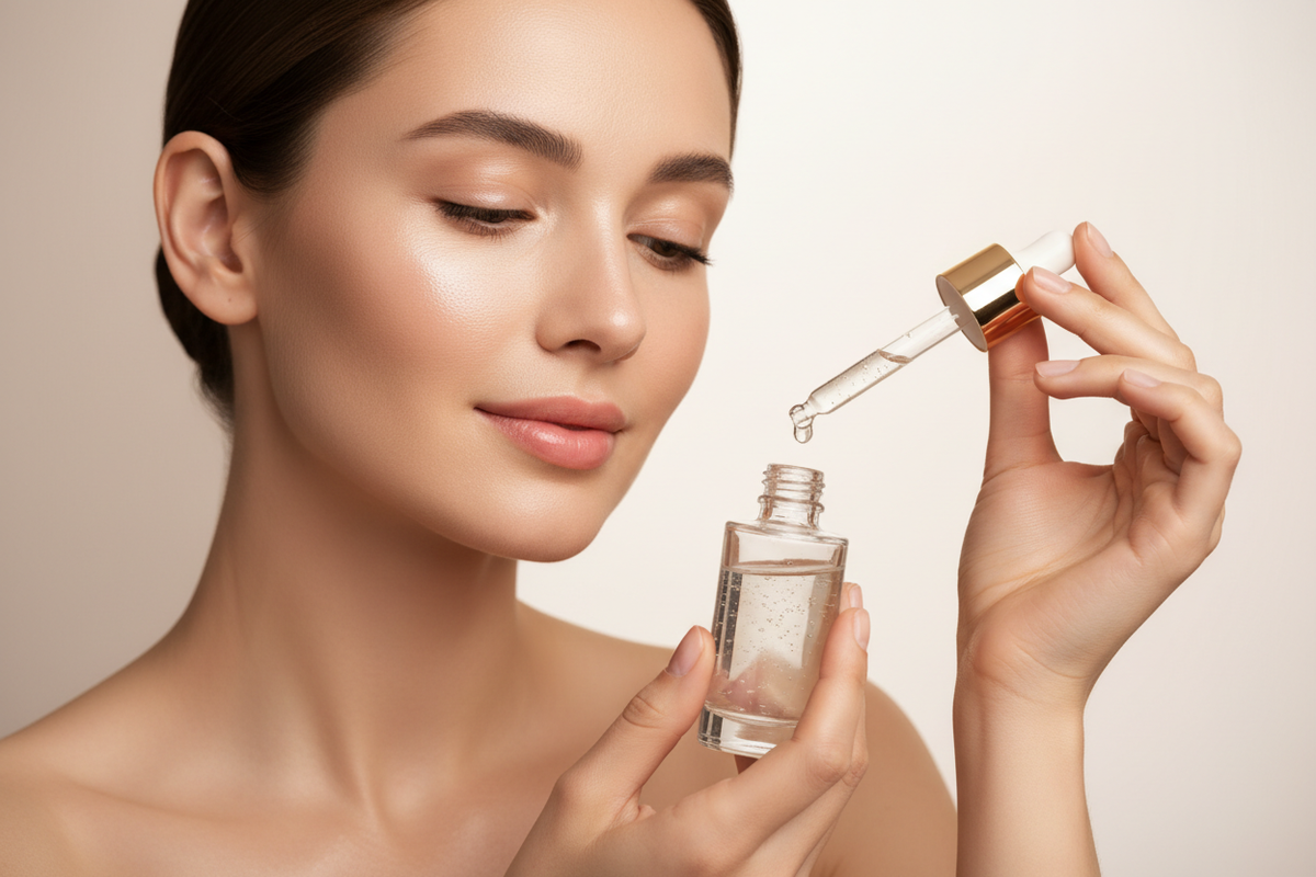 Hero image of model with dropper bottle face serum